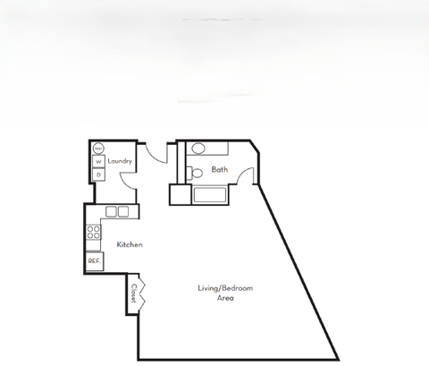 A floor plan of a house with a laundry room, kitchen, and living/bedroom area.
